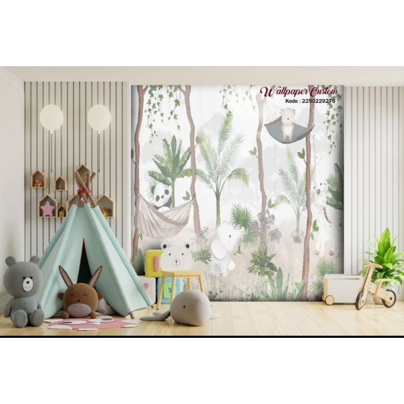 Wallpaper Custom Kartun Kamar Anak Panda Jerapah Gajah