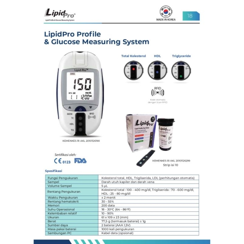 LIPIDPRO Alat Tes TGL HDL Trigliserida - Alat LipidPro TC TG HDL Meter - Alat Tes Kolestrol Total