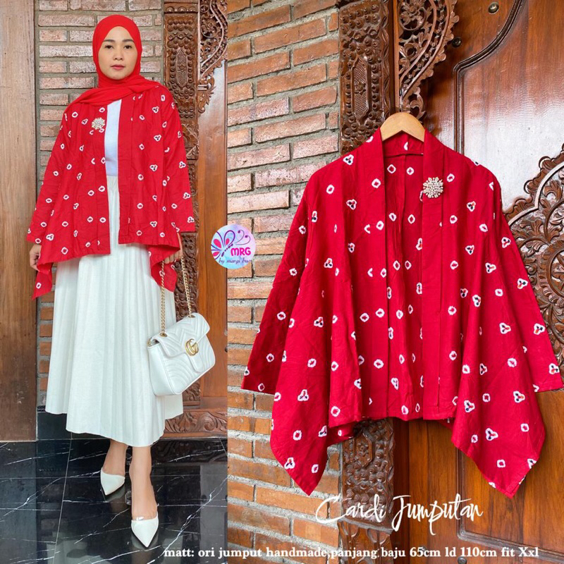 Atasan cardi outer kardigan batik jumputan merah putih Agustusan bahan katun halus jumputan Solo