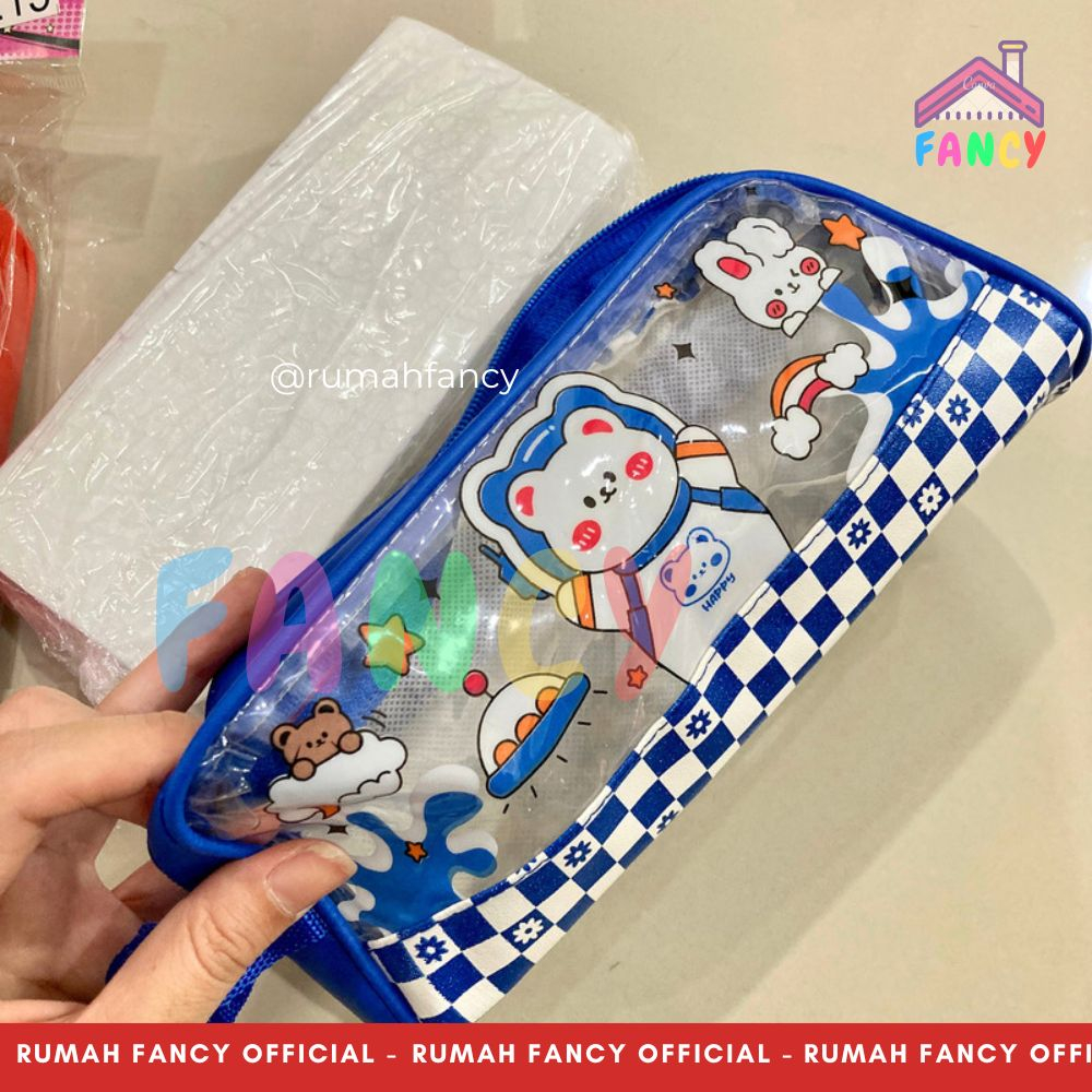 Tempat Pensil Kain Sleting + Kantong Belakang HD 215 Motif Bear Transarant Mika Lucu Unik Murah