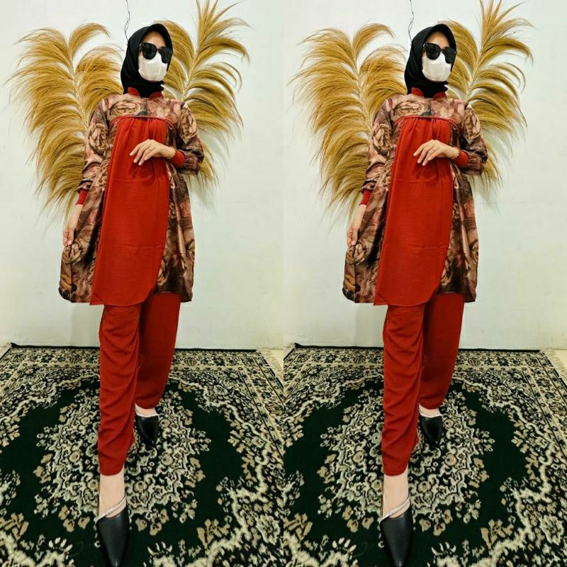 one set wanita long tunik silk dior mix qringkel import motif