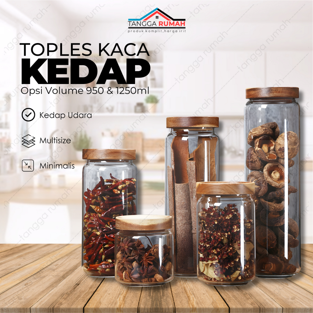 Toples Wadah Tempat Makanan Bumbu Dapur Permen Cemilan Kue Kering Kaca Lebaran 950 & 1250 ml Kekinia