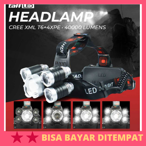 Headlamp Light Cree XML T6+4XPE 40000 Lumens / Headlamp Headlight Senter Kepala Super Terang Tahan L