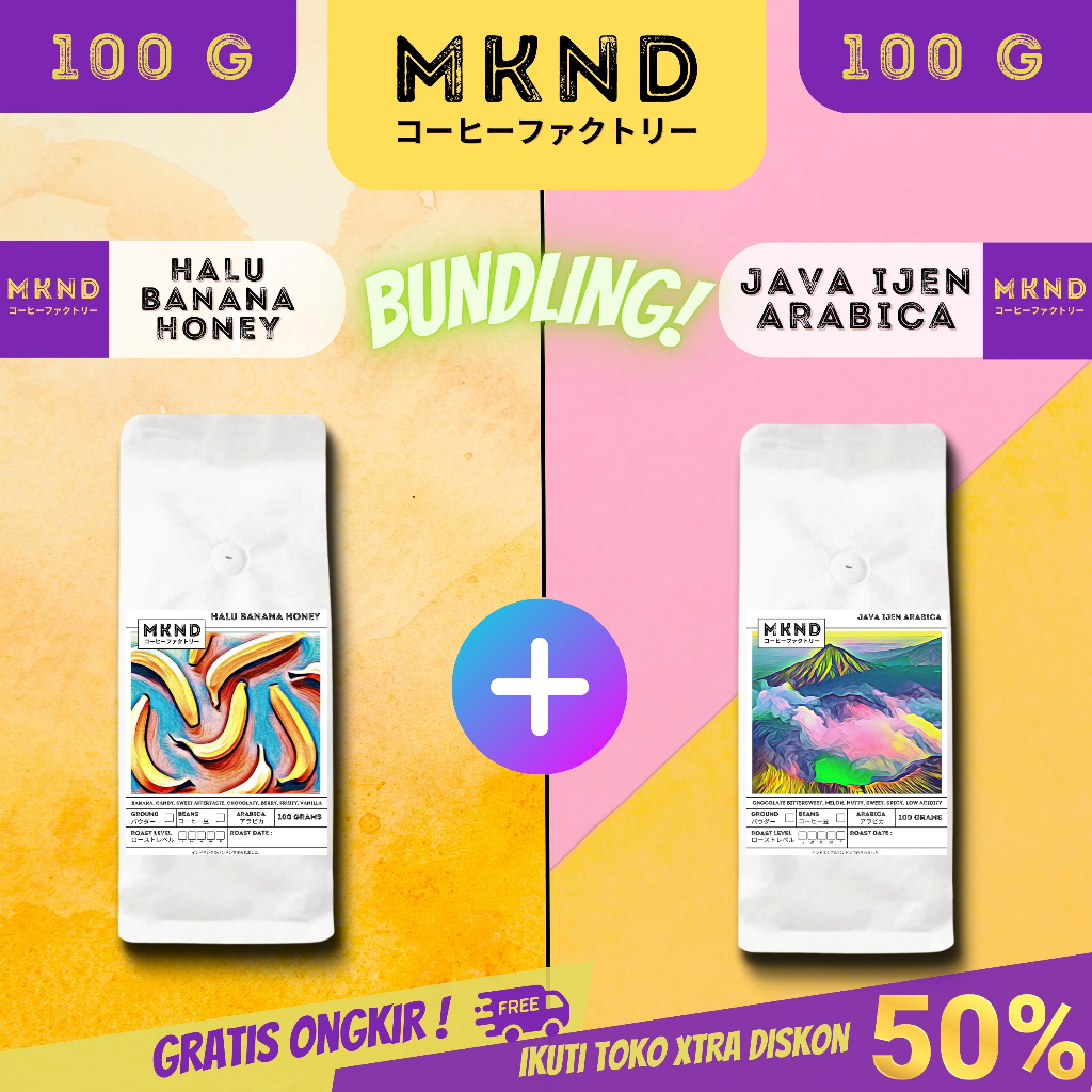 

MKND® BUNDLING HEMAT 2X100 KOPI ARABIKA HALU BANANA HONEY+JAVA IJEN SINGLE ORIGIN GRADE1