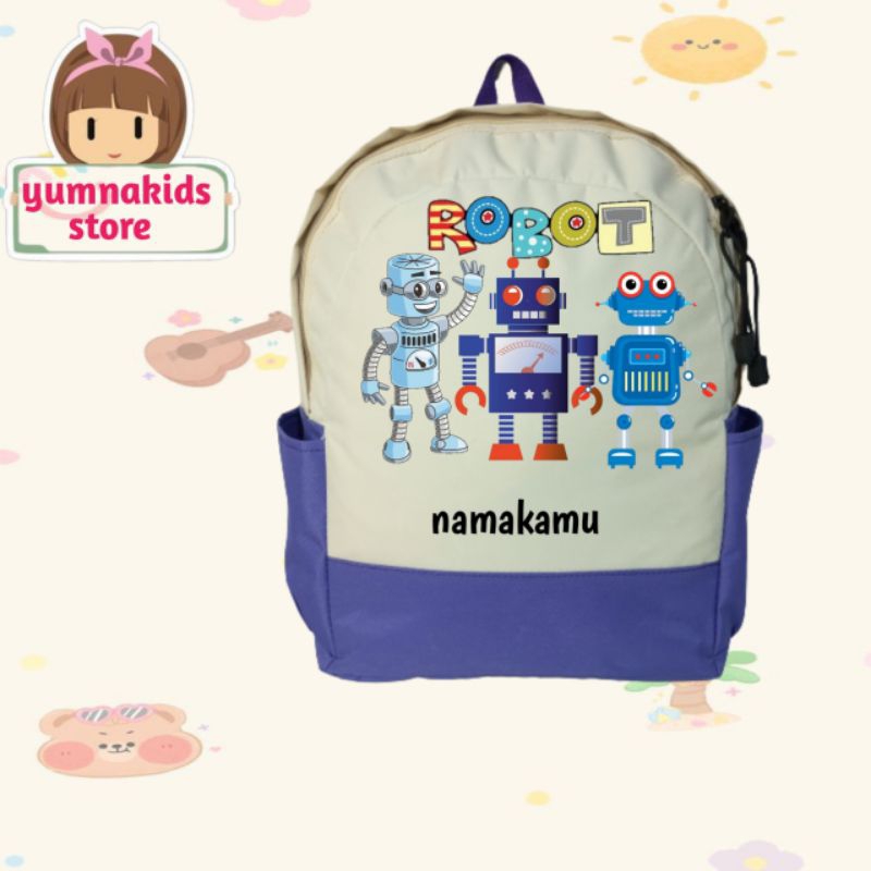tas anak custom motif robot gratis nama
