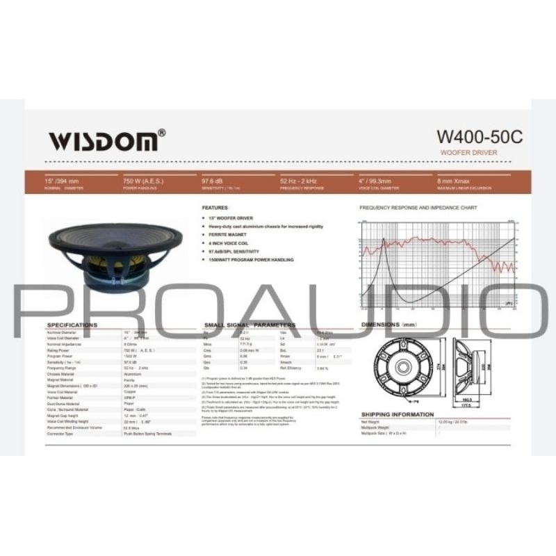 Komponen Speaker Wisdom 15 Inch W400-50C W400 50 C W 400-50C ORIGINAL