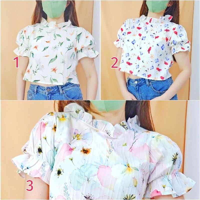 r036 - DaEun crop top woman pakaian baju atasan fashion wanita flower pattern motif bunga floral imp