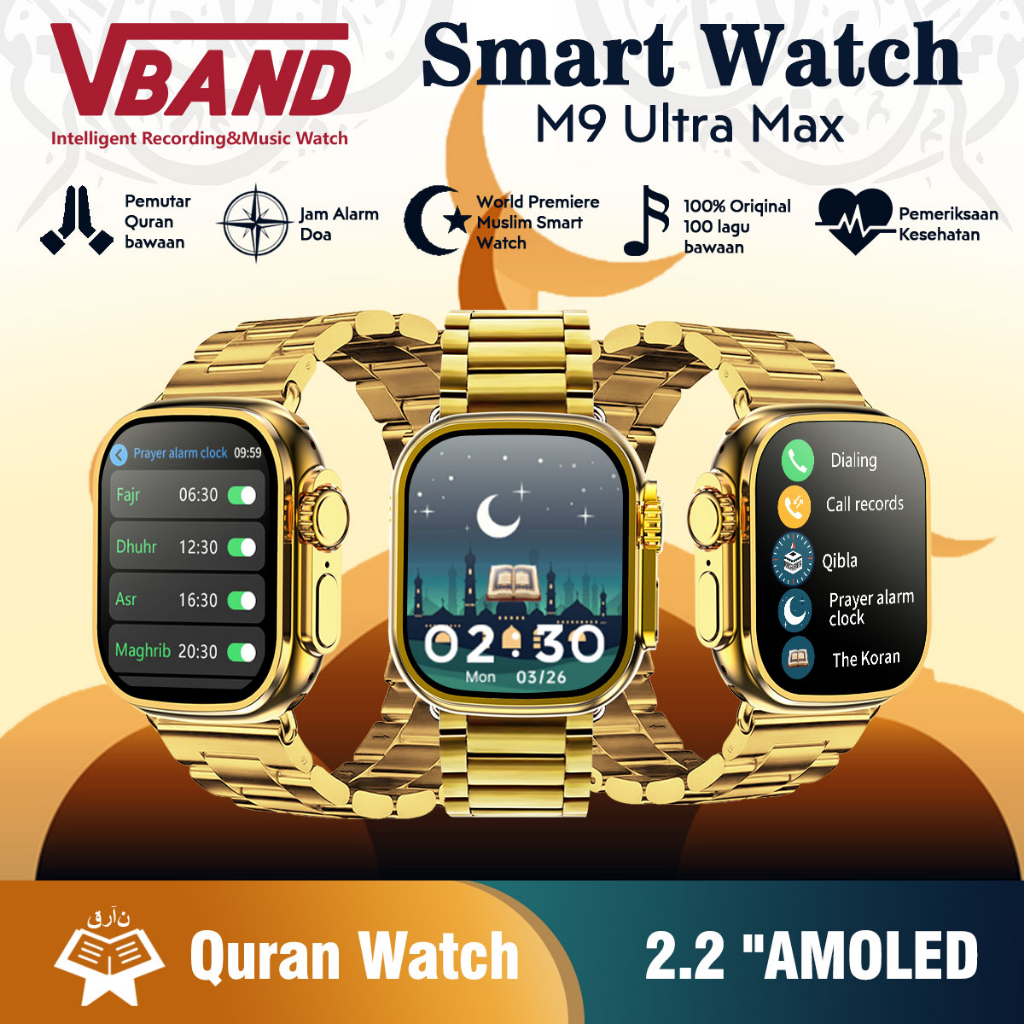 The Koran smartwatch M9 ULTRA MAX 24K Golden Karakteristik Muslim smartwatch 2.2 inci layar musik lo