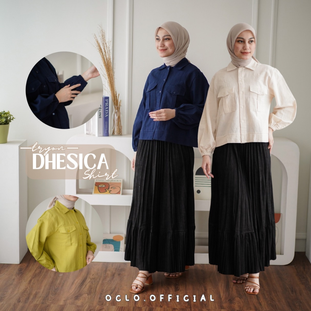 Oclo Dhesica Shirt atasan wanita linen premium double pocket casual basic dailywear
