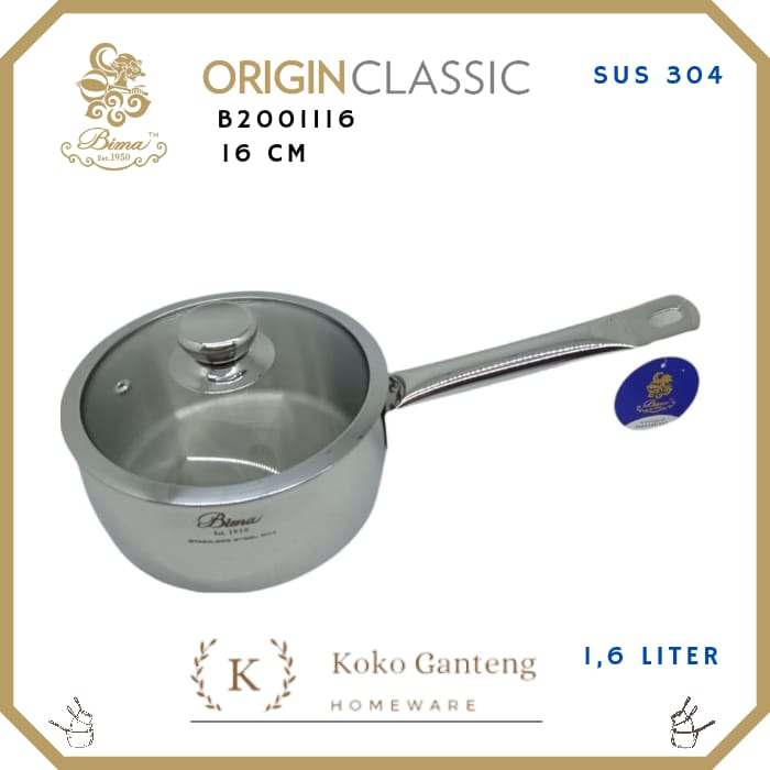 Bima Origin Classic Saucepan Glass Cover Sus 304 16cm 18cm B2001116 B2001118 Pnaci Rebus Induction S
