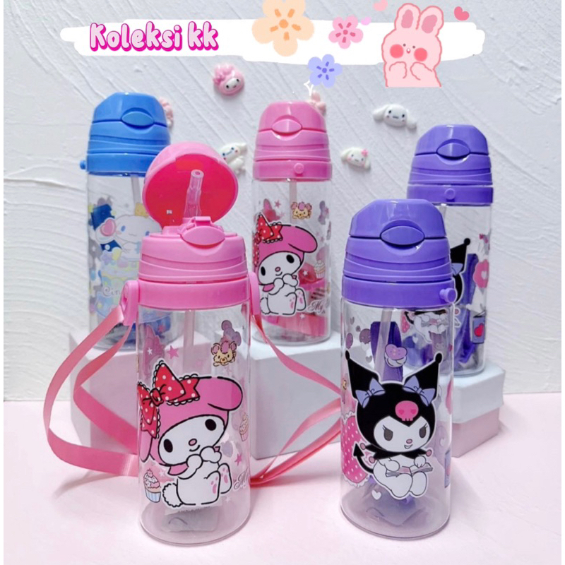 (Koleksi Kk) Botol Minum Sedotan Anak SANRIO Bottle Tali Panjang Cinnamo Kuromi - 450m