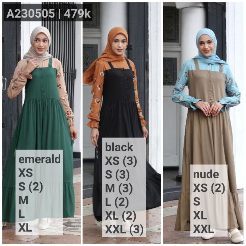 Abaya rayon bordir rumah dannis XS S M L XL XXL 230505 | A230505 - warna black hitam, nude, dan hija