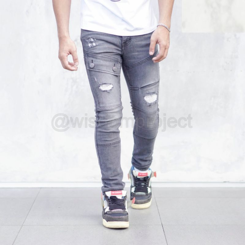 Wisdom Celana Panjang  Denim Ripped Panjang Middle Pocket Slimfit Stretch