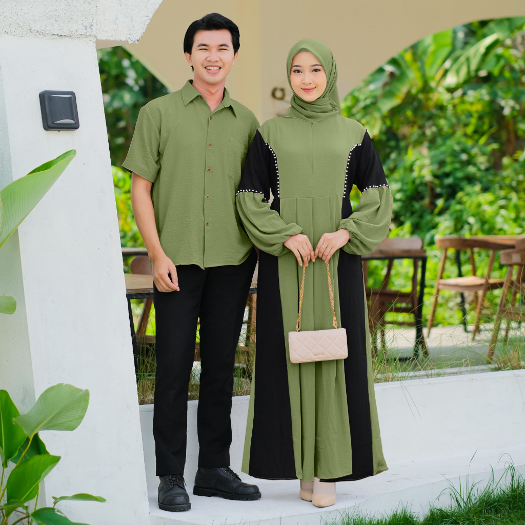 Demore Jelita Couple Gamis dan Koko Pendek Crinkle Airflow Polos Cp Pasangan Muslim Kondangan Mewah