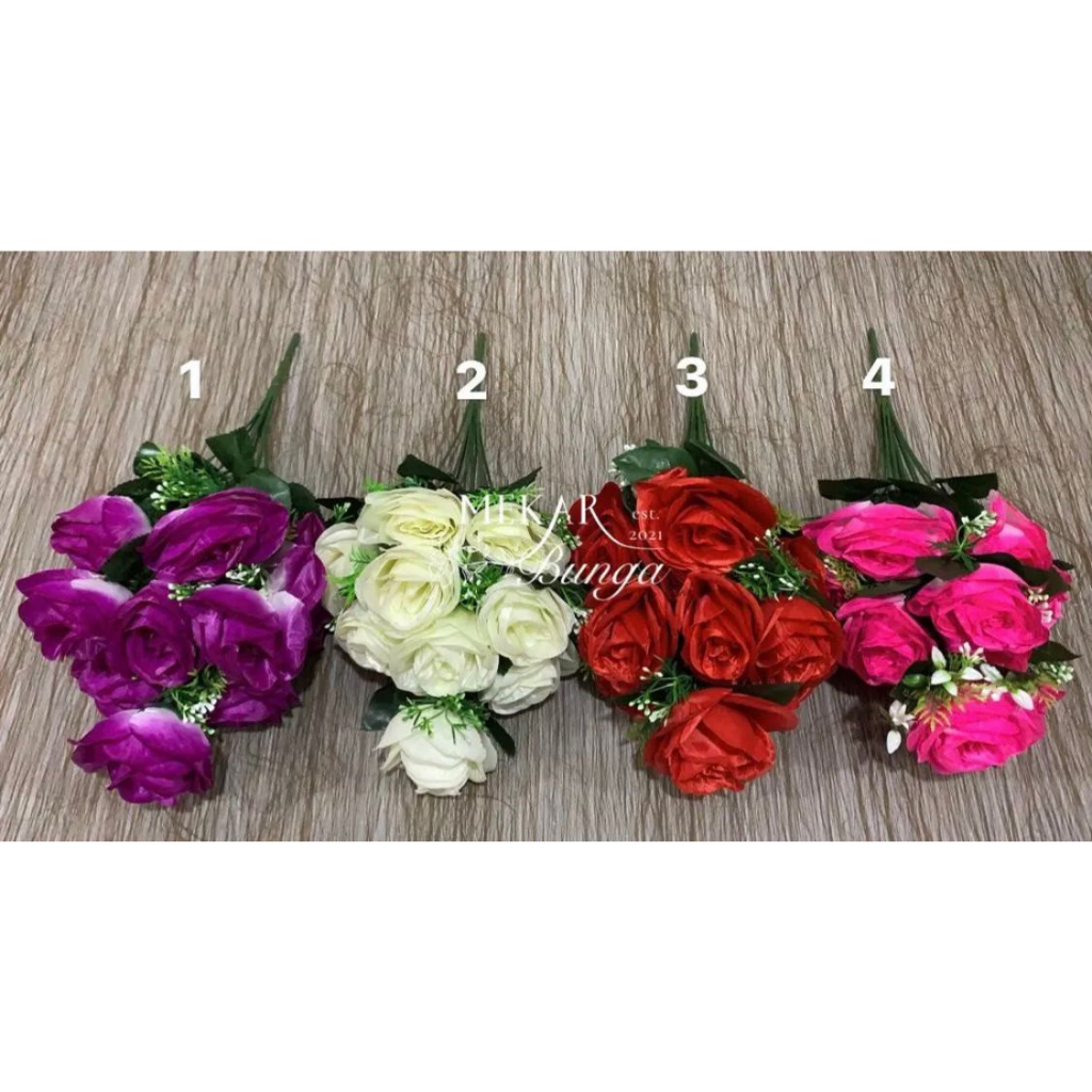 (XK 7/R25) 12 Kuntum Bunga Artifisial Prem. Round Rose Classic Group Dekorasi Pelaminan Hantaran Buket Bunga