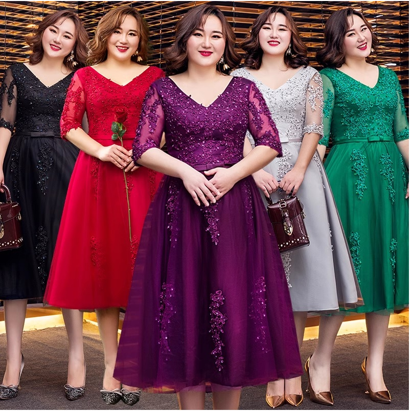 Gaun Pesta 2307004 Ungu Merah Hitam Silver Hijau V Neck Lengan Siku Big Size Party Dress