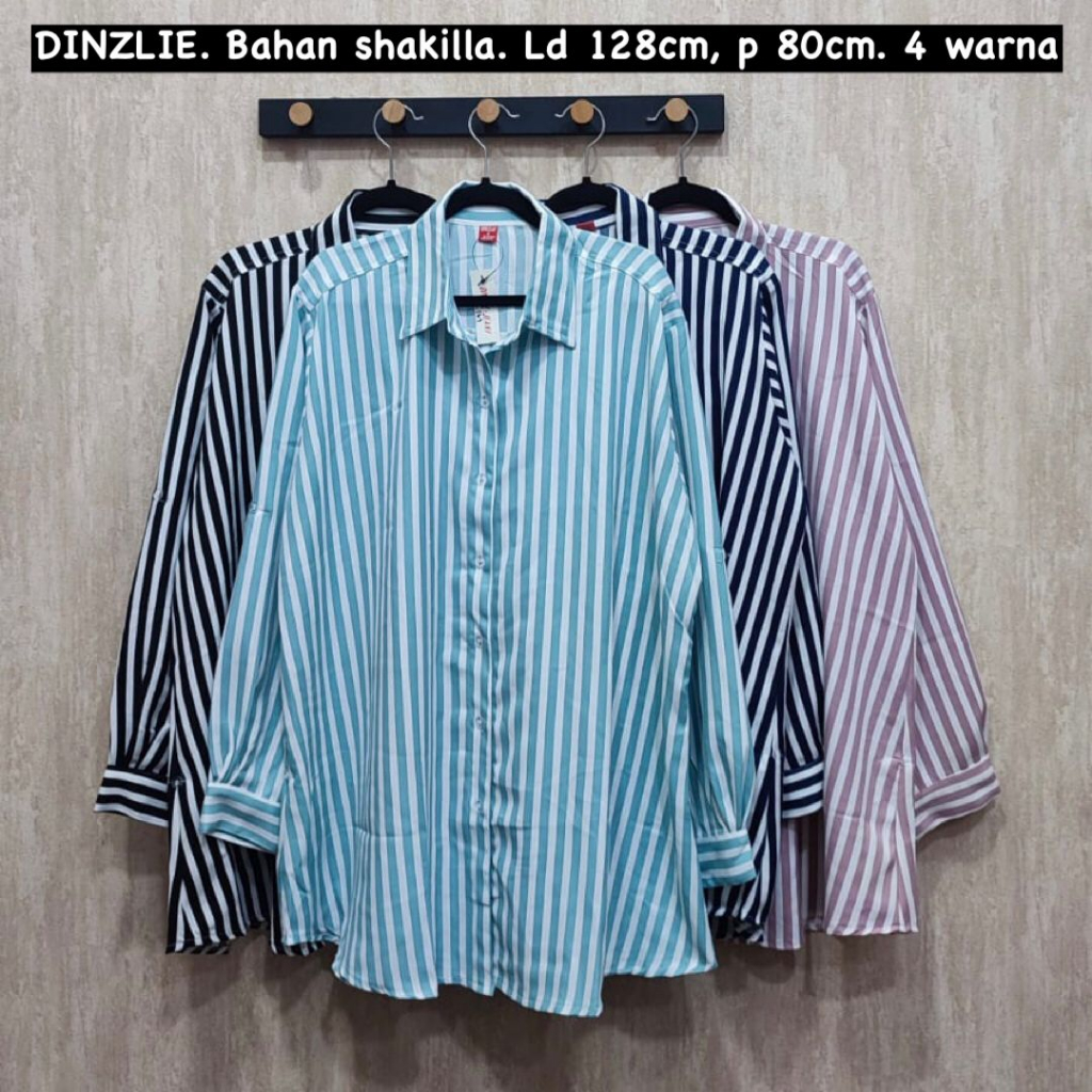 Dinzlie Kemeja Atasan Wanita Motif Salur Kancing Bukaan Busui Friendly Bigsize