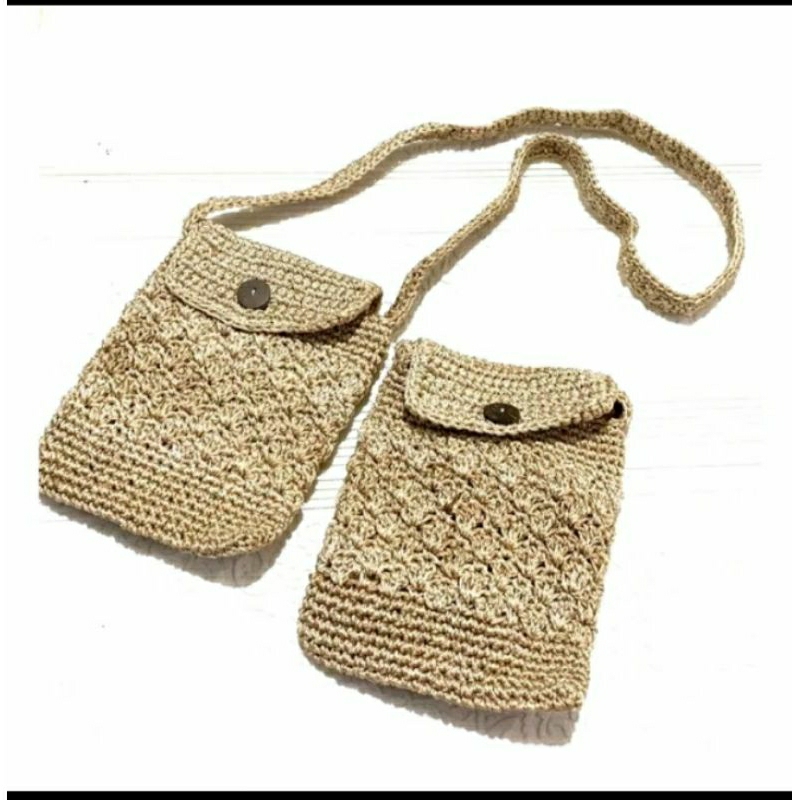 Tas hp benang nylon tanpa furing-tas slempang rajut.