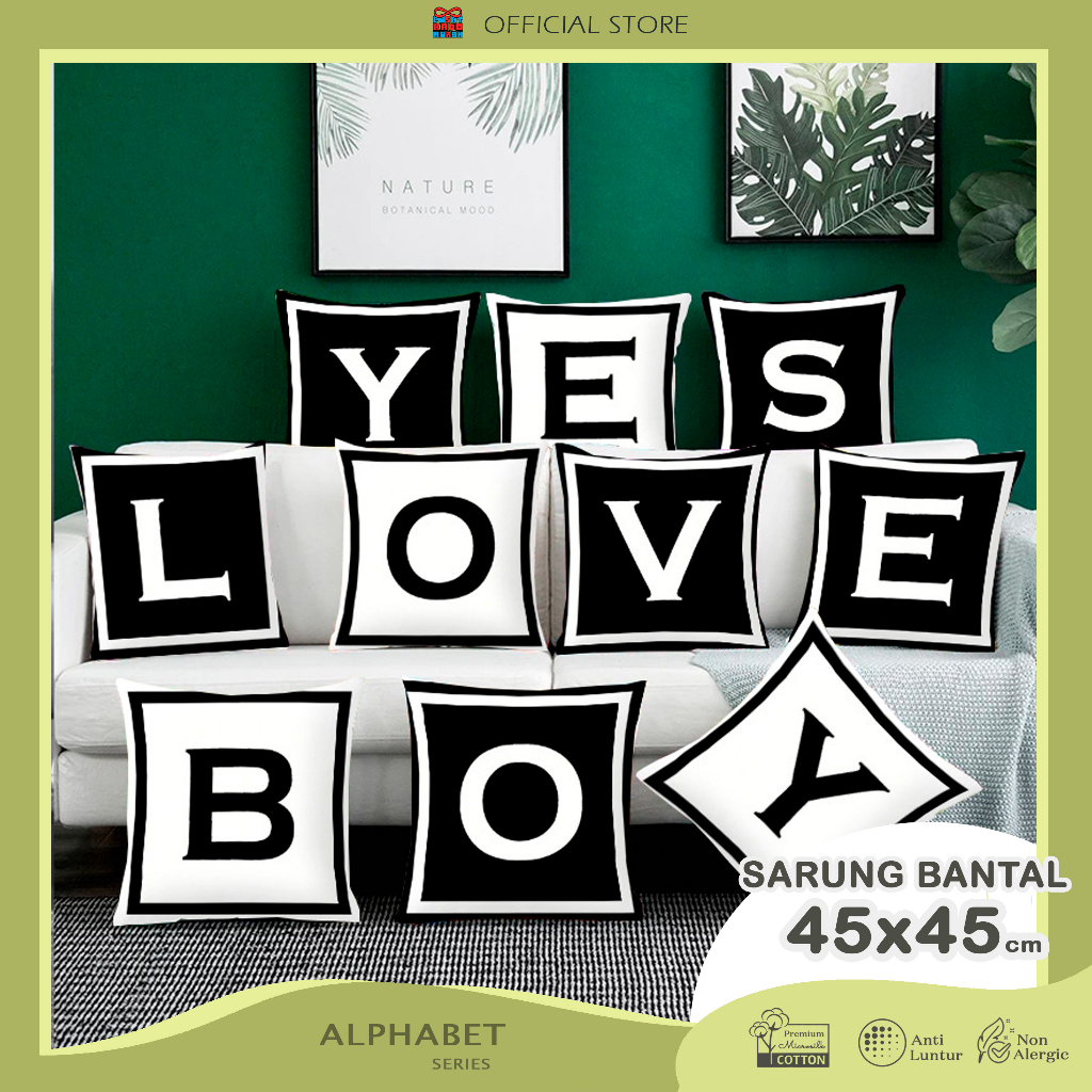 COVER SARUNG Bantal Sofa Print Motif Alphabet Huruf Black White Monochrome Hitam Putih  Aesthetic 45x45 cm - Pusa Kado Murah