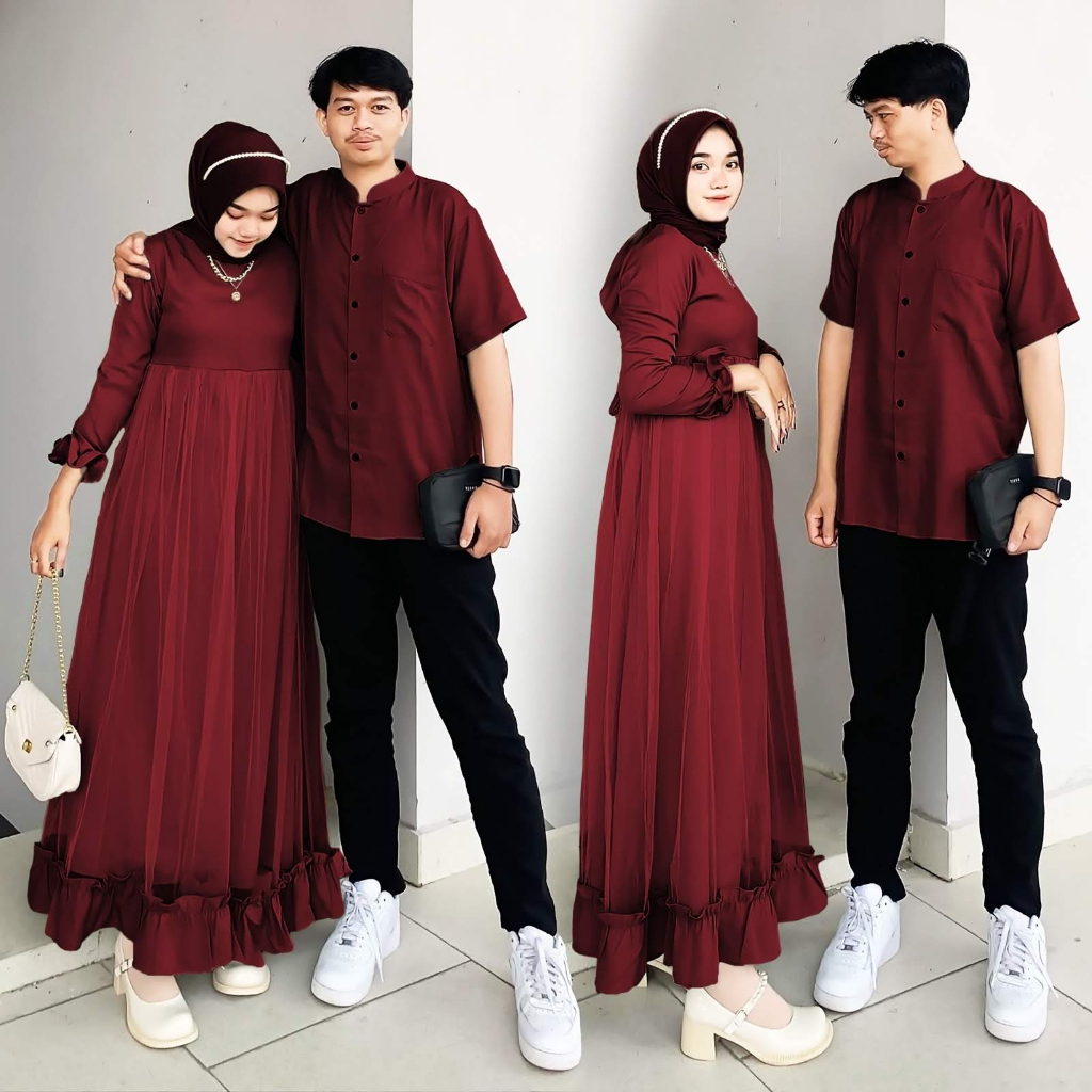 ALMIRAH 12 - Couple Marhaban Bahan Shakila Full Lapis Tile Maxi Sleting Belakang Ada Tali Ikat Nempel Kiri Kanan + Kemeja Ada Saku