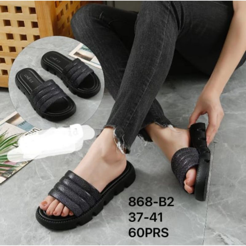 SANDAL WANITA ( LH868 ) BLACK Sandal Selop Wanita Terbaru Import Sandal Selop Wedges Sandal Karet Ko