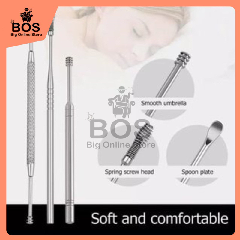 BOS - Korek Kuping Set 5in1 | Paket Alat Pembersih Kuping Stainless Steel 5 in 1