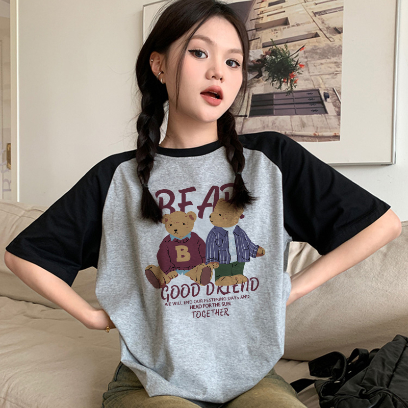 Print T-shirt Kaos Lengan Pendek Cartoon Good Driend Bear Oversize Atasan Wanita Korean Style