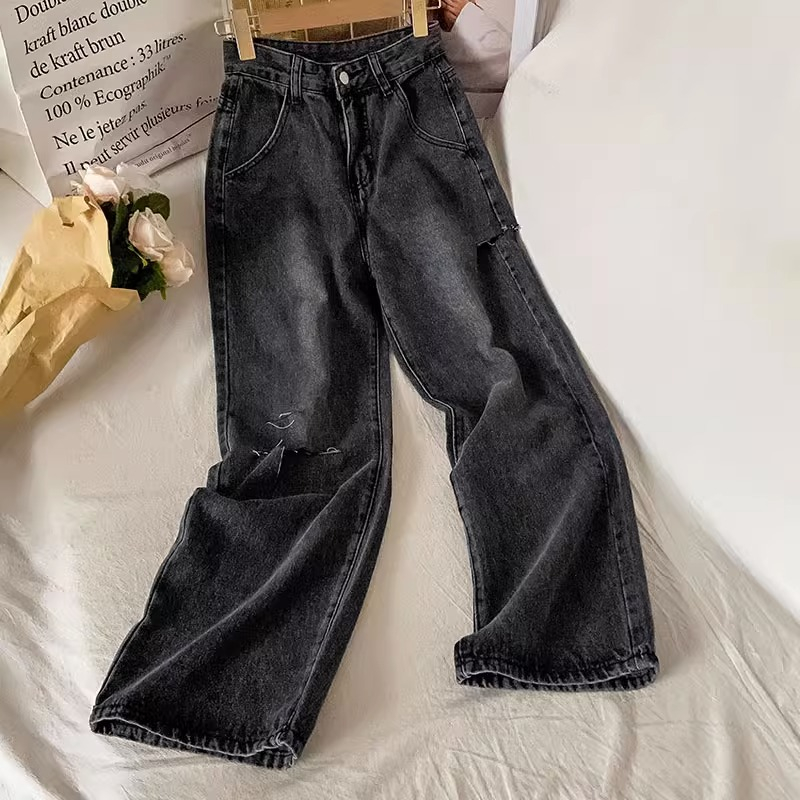 Sobek Jeans Highwaist Loose Celana Jeans Wanita Kelabu Hitam(realpict)