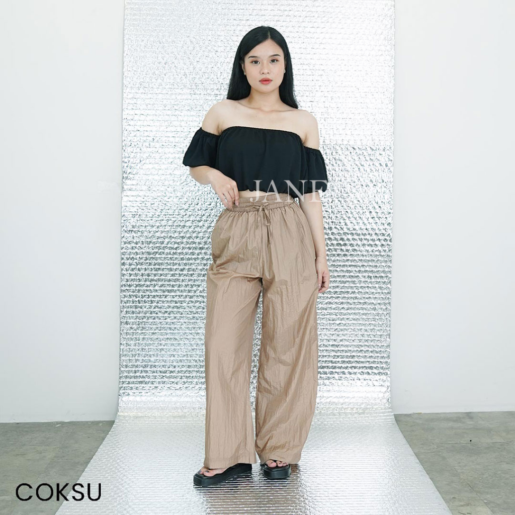 JANE COLLECTION || Celana Panjang Kulot Lebar Bigsize High Waist Crinkle Pinggang Karet PO BKK Celana Santai Hangout Polos Parasut Pants Crila