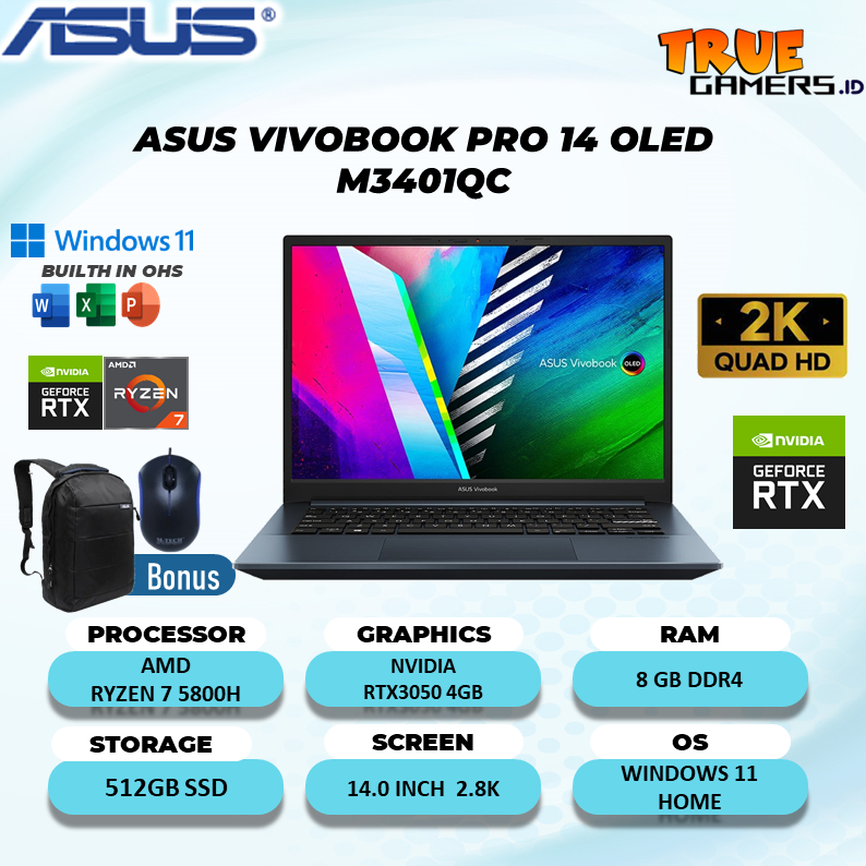 ASUS VIVOBOOK PRO 14 OLED M3401QC OLED758 RYZEN 7 5800H RTX3050 4GB/ 8GB 512GB W11+OHS 14.0