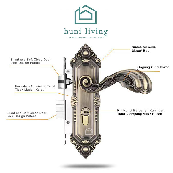 Gagang Pintu Gaya Eropa Vintage Gold Full Set / Kunci Pintu Premium