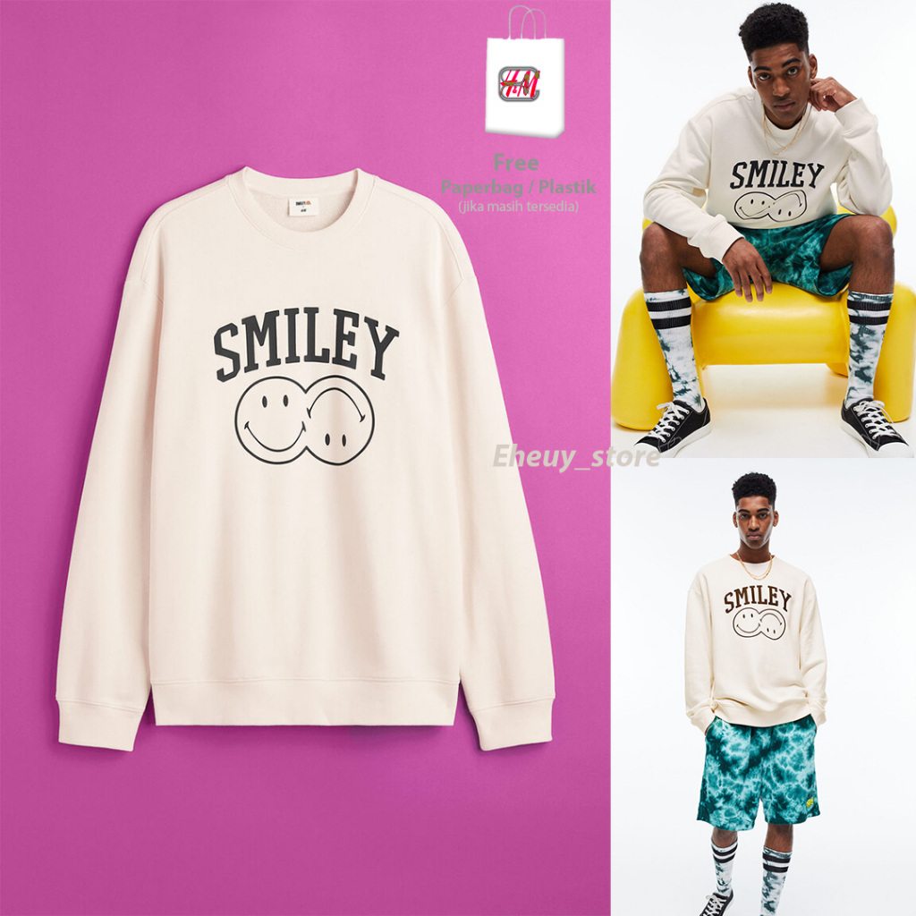 Crewneck HM Smiley Original Soft Cream Bahan Lembut Sweater HnM Wanita Broken White