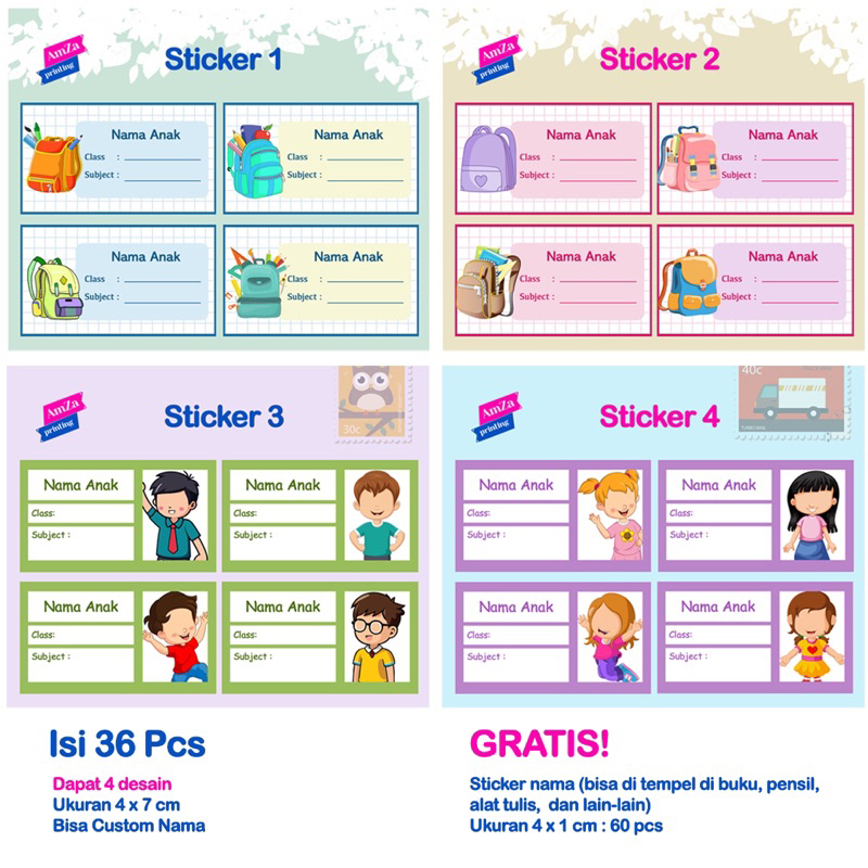

(set isi 36 pcs) Sticker Label Mapel Mata Pelajaran Anak - Bonus Sticker Nama 60pcs
