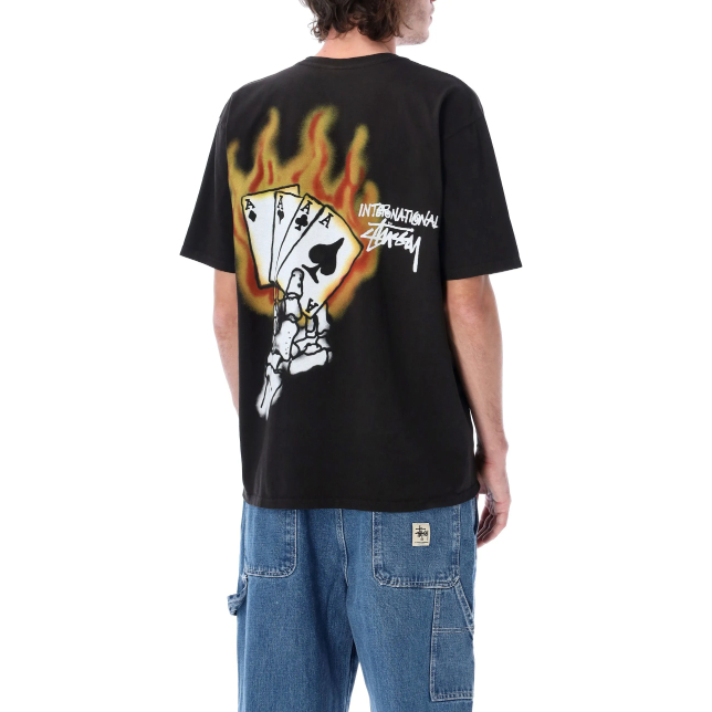 STUSSY Fire Card Skeleton Read Em' N' Weep Pig Dyed Black Tshirt - ORI