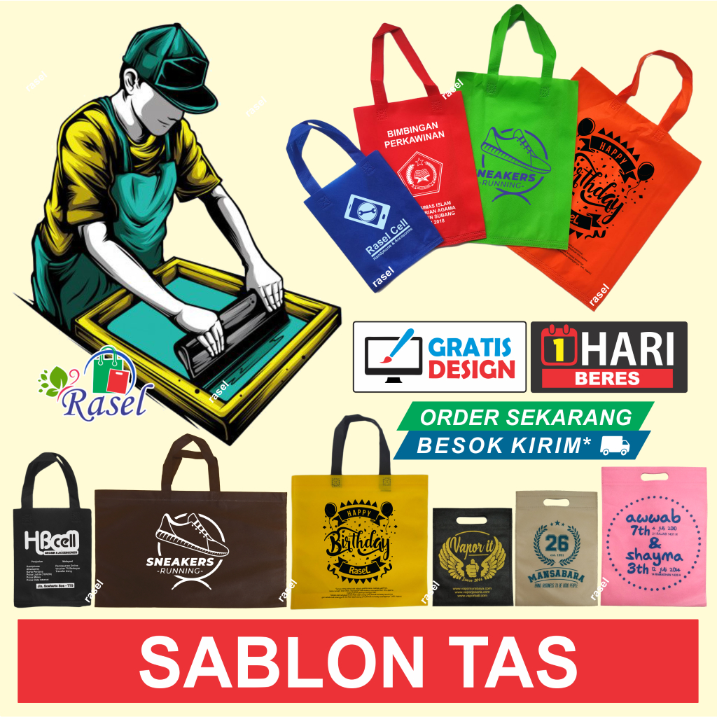 

Tambah sablon (tanpa tas) 1 sisi 1 warna min 100pcs tas spunbond / goodie bag
