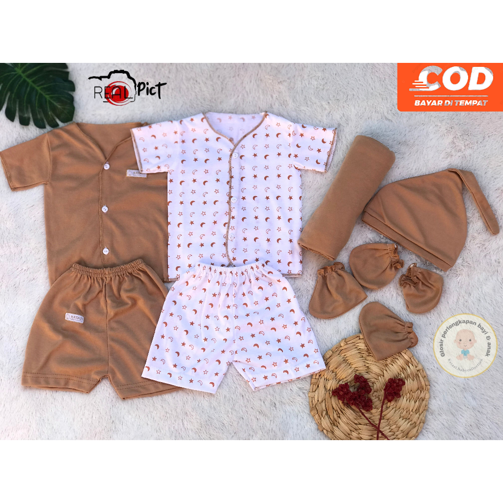 Paket Hemat Pakaian Bayi Newborn 2 Setel Pendek Bayi, Bedong Bayi, Kupluk Bayi , Sarung Tangan &amp; Sarung Kaki bayi Umur 0-6 Bulan