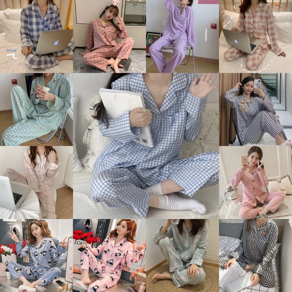 JC1004 Modern Set Panjang Piyama Kerah Motif Kotak Wanita Baju Tidur 1