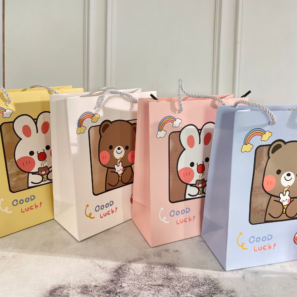 Paper bag Teddy Bear &amp; Rabbit Cute Lucu ukuran 22x15x7 CM Harga Murah / Paperbag Kantong Hampers Bag Tali motif Beruang dan Bunny IMUT bisa Grosir dan COD Best Quality