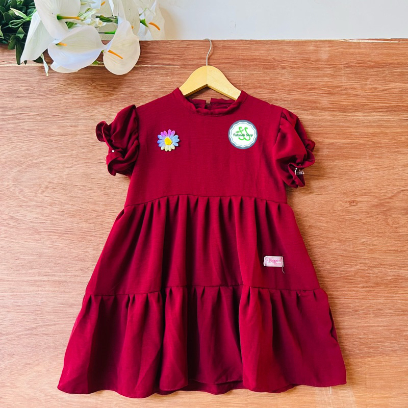 Dress Anak 3 4 5 Tahun Anak Cewek Perempuan Crinkle Tumpuk Bunga Dress lengan balon lucu kekinian lengan pendek terbaru ( Dress Abelia )