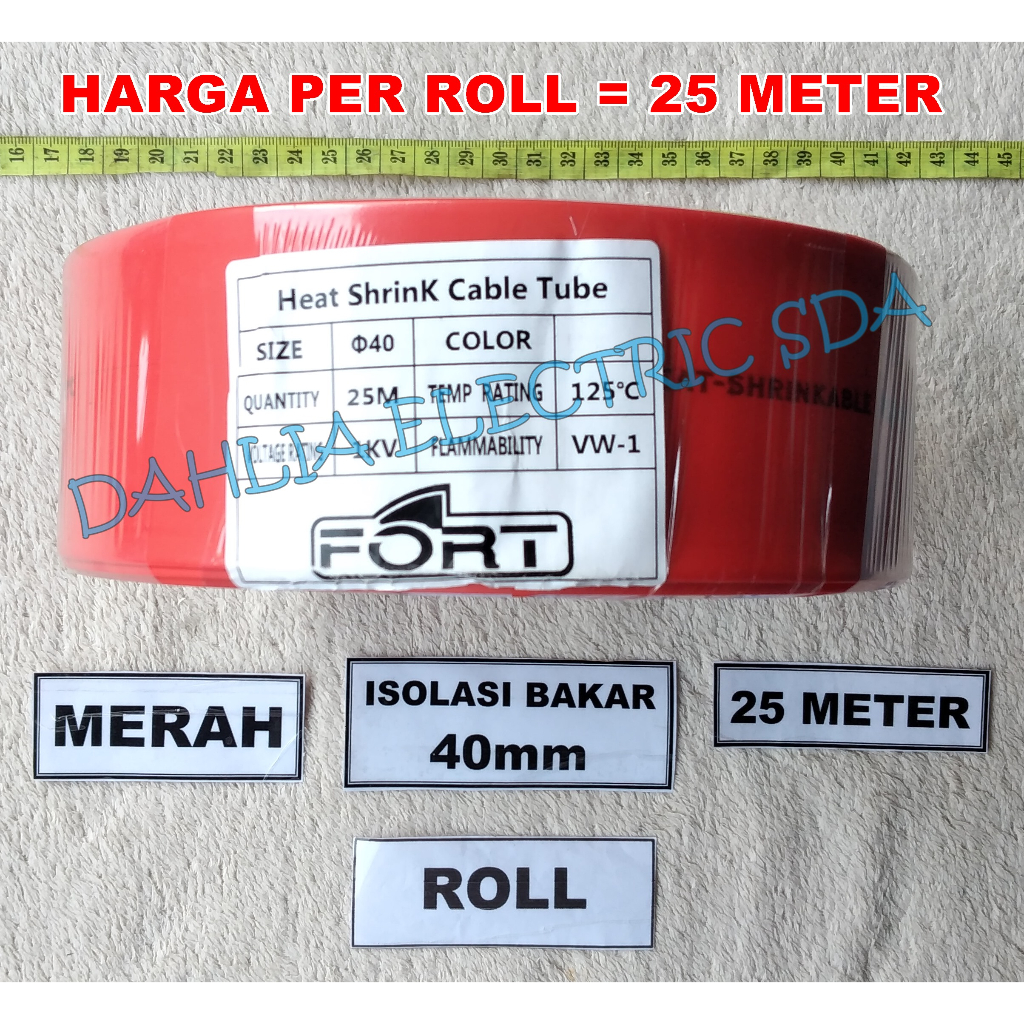 ISOLASI BAKAR (HEAT SHRINK) 40MM MERAH 1 ROLL