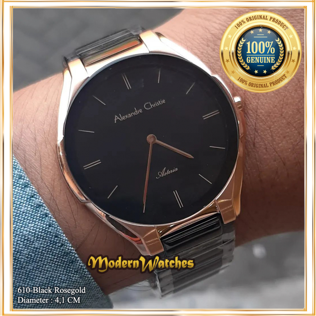 Jam Tangan Original Alexandre Christie AC 8610 Black Rosegold Hitam Asteria Stainless Rantai Model T