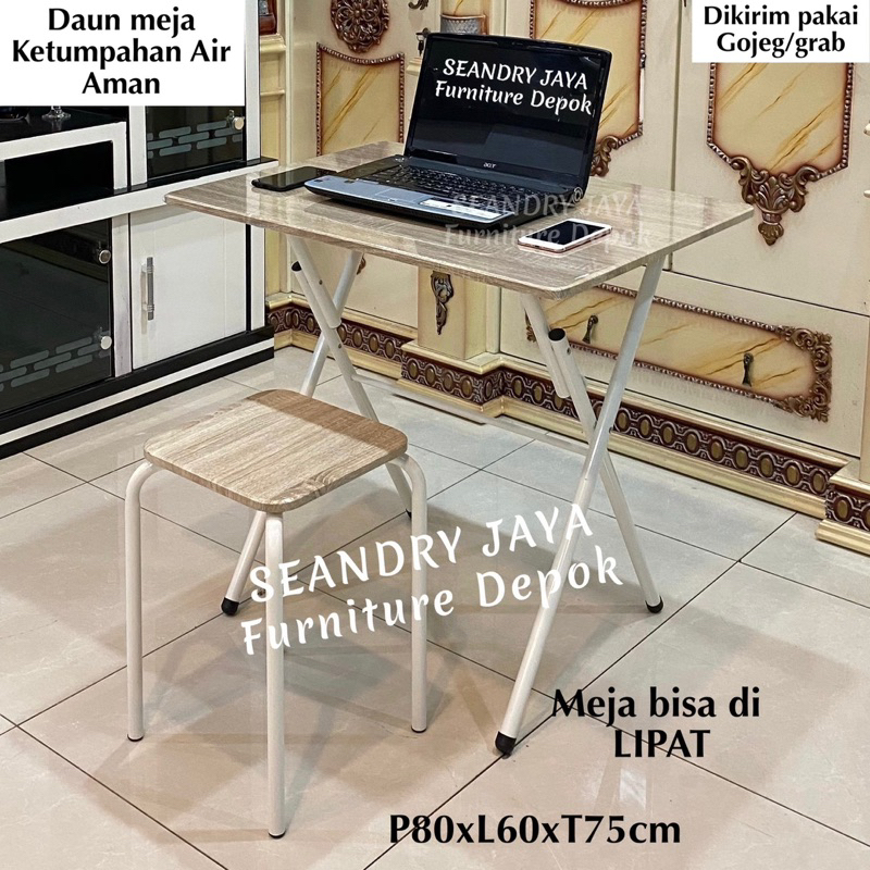 Meja kerja lipat kaki besi+kursi/serbaguna/serba guna belajar/Makan/cafe/kecil/simpel/ promo murah/S