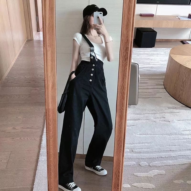 Jumpsuit Jeans Wanita - Jumpsuit Tali Button Black Overall Denim Korean Import