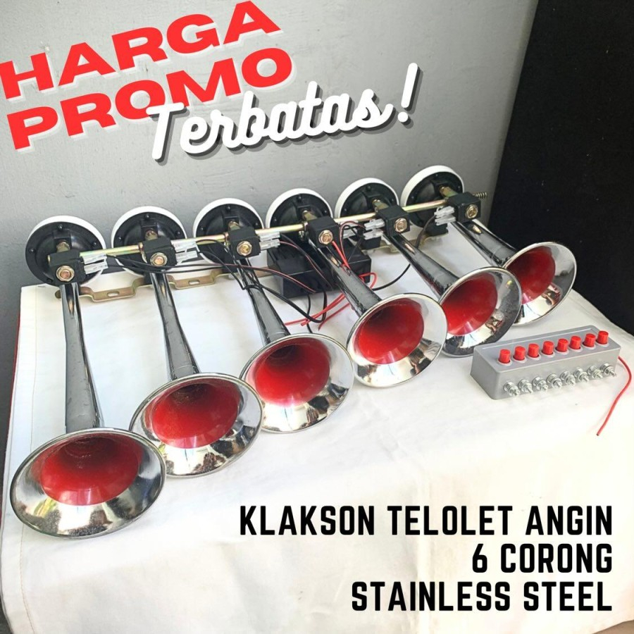 PROMO Klakson Angin Telolet 6 Corong Stainless Steel 8 Tombol 12V-24V
