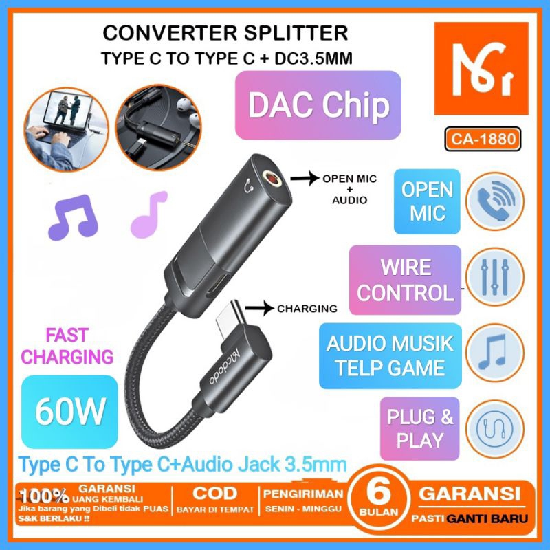 Mcdodo Adapter Converter Splitter Type C To Type C + Audio Jack 3.5mm Open Mic DAC Chip