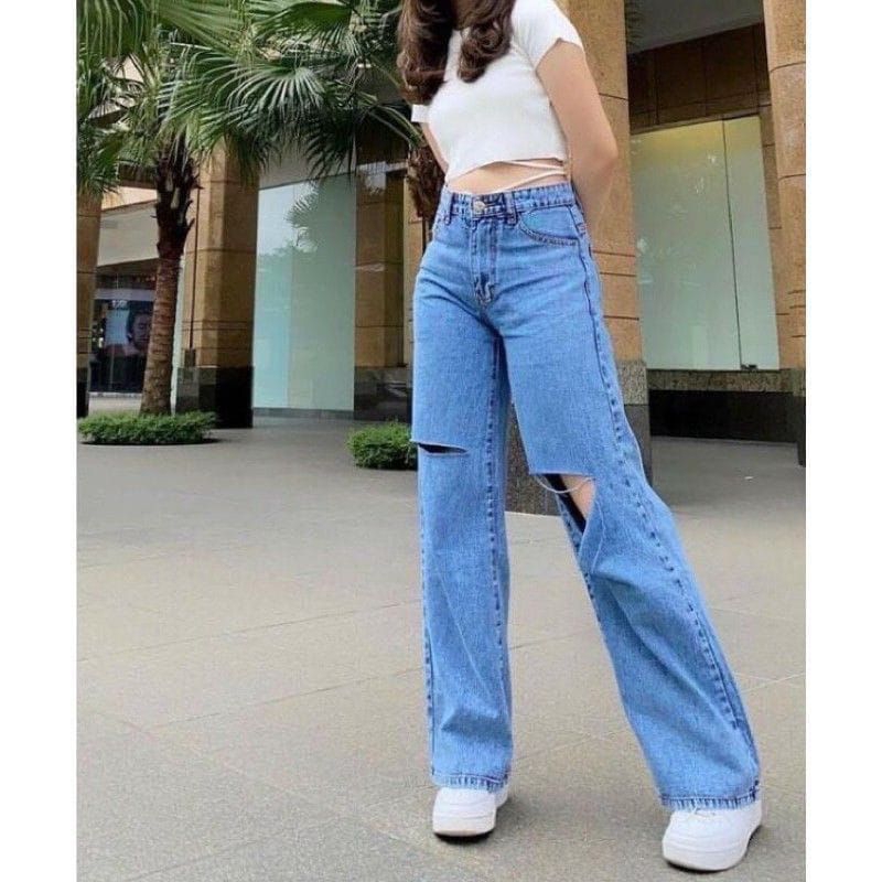 CELANA PANJANG WANITA HIGHWAIST JEANS KULOT SOBEK LUTUT TERBARU//CELANA KULOT JEANS RIPPEDS HAIGWAIS