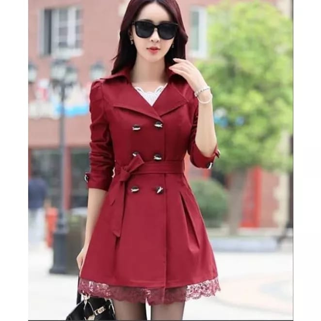 Coat Merah Musim Panas Bertali Renda/ Dress Wanita Merah Renda