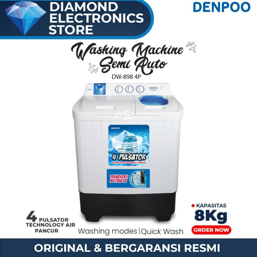 MESIN CUCI 2 TABUNG DENPOO DW 898 4 PULSATOR - ADA PELINDUNG KNOP TOMBOL - KAPASITAS 8KG