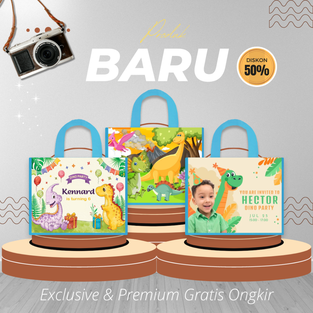 Tas Ulang tahun / Tas ultah mika custom / Tas Goodie bag / Tote bag / Dinosaurus / Tas Ultah dinosau