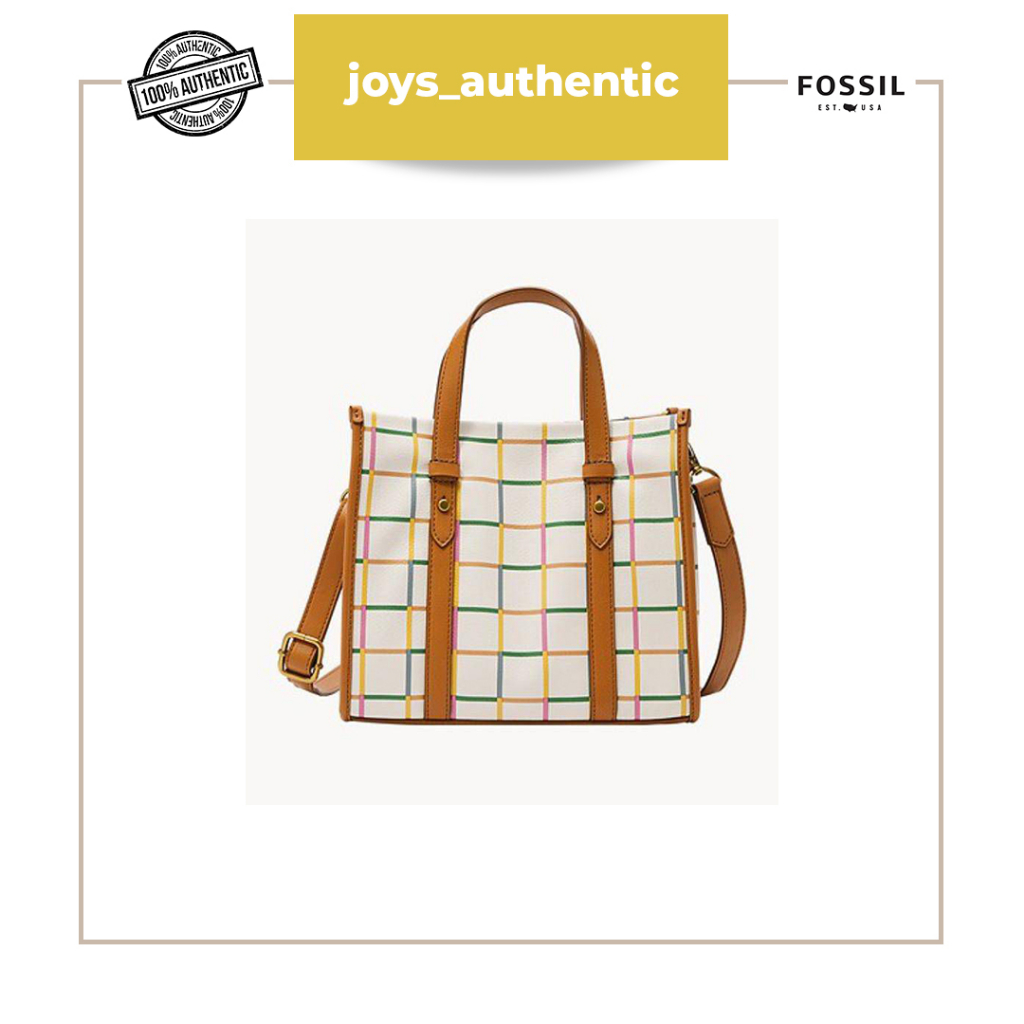Tas wanita Fossil Kingston satchel grid putih white natural multi woman bag authentic original